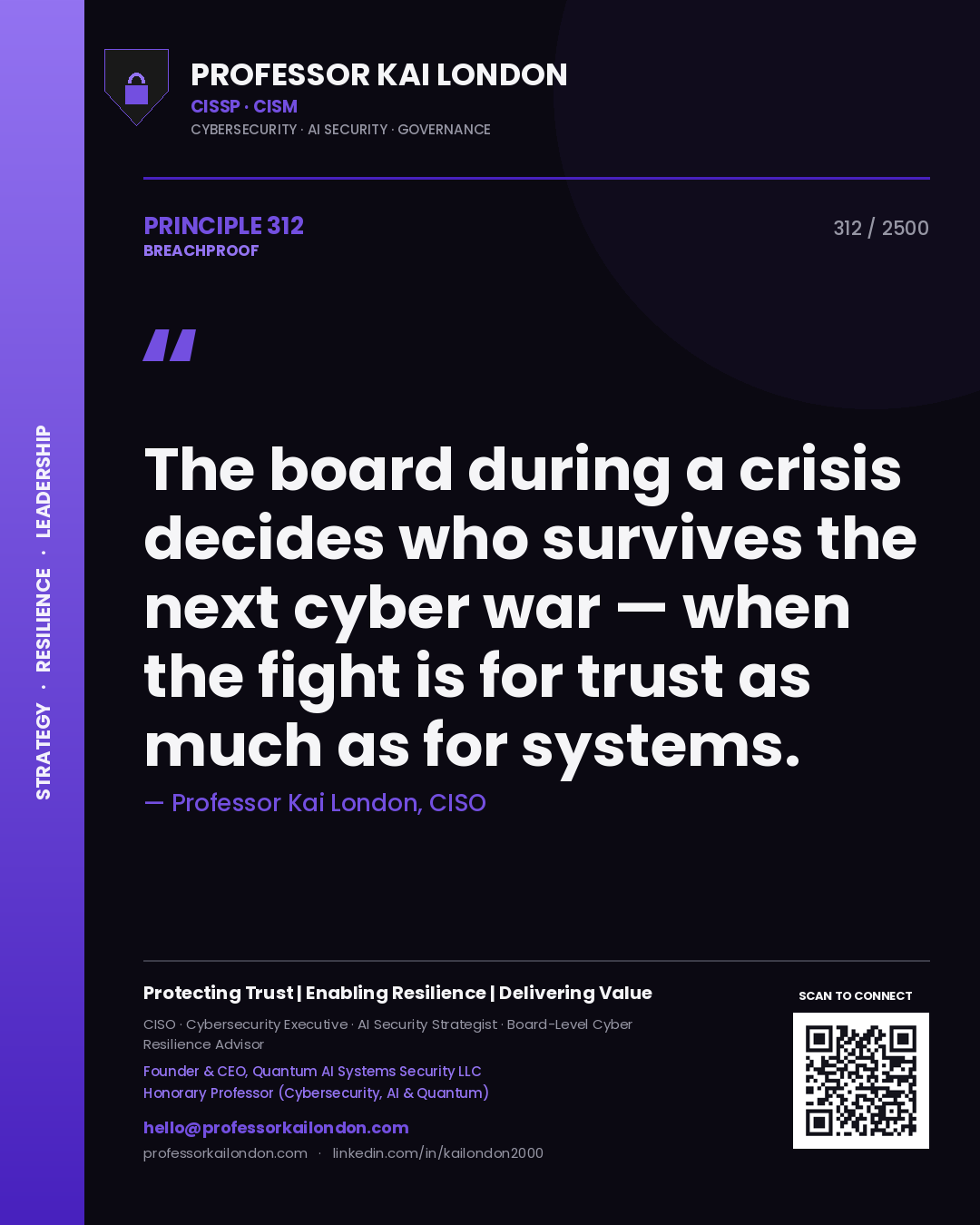 Quote card by Professor Kai London reading 'The board during a crisis decides who survives the next cyber war — when the fight is for trust as much as for systems.'. From the book Breachproof.