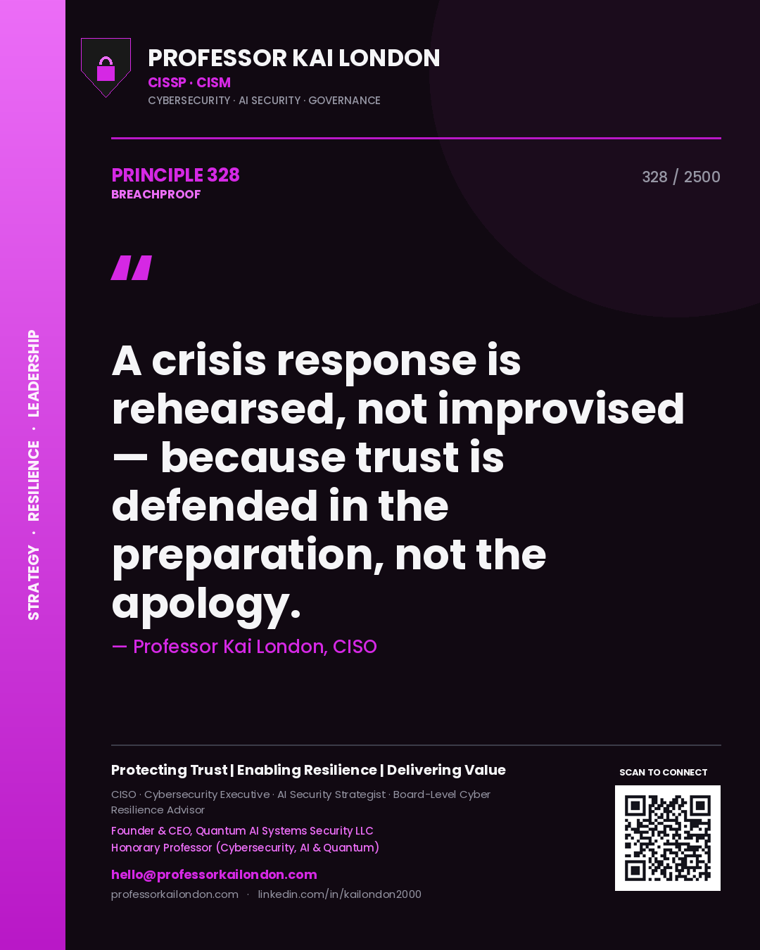 Professor Kai London principle 328: A crisis response is rehearsed, not improvised — because trust is defended in the preparation, not the apology.