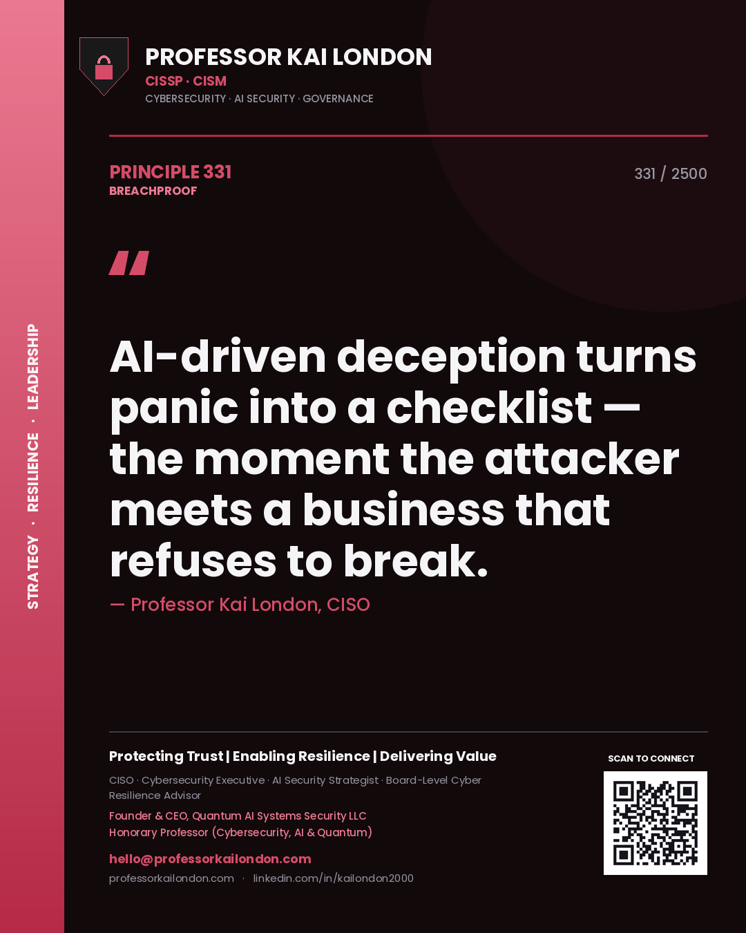 Quote card by Professor Kai London reading 'AI-driven deception turns panic into a checklist — the moment the attacker meets a business that refuses to break.'. From the book Breachproof.