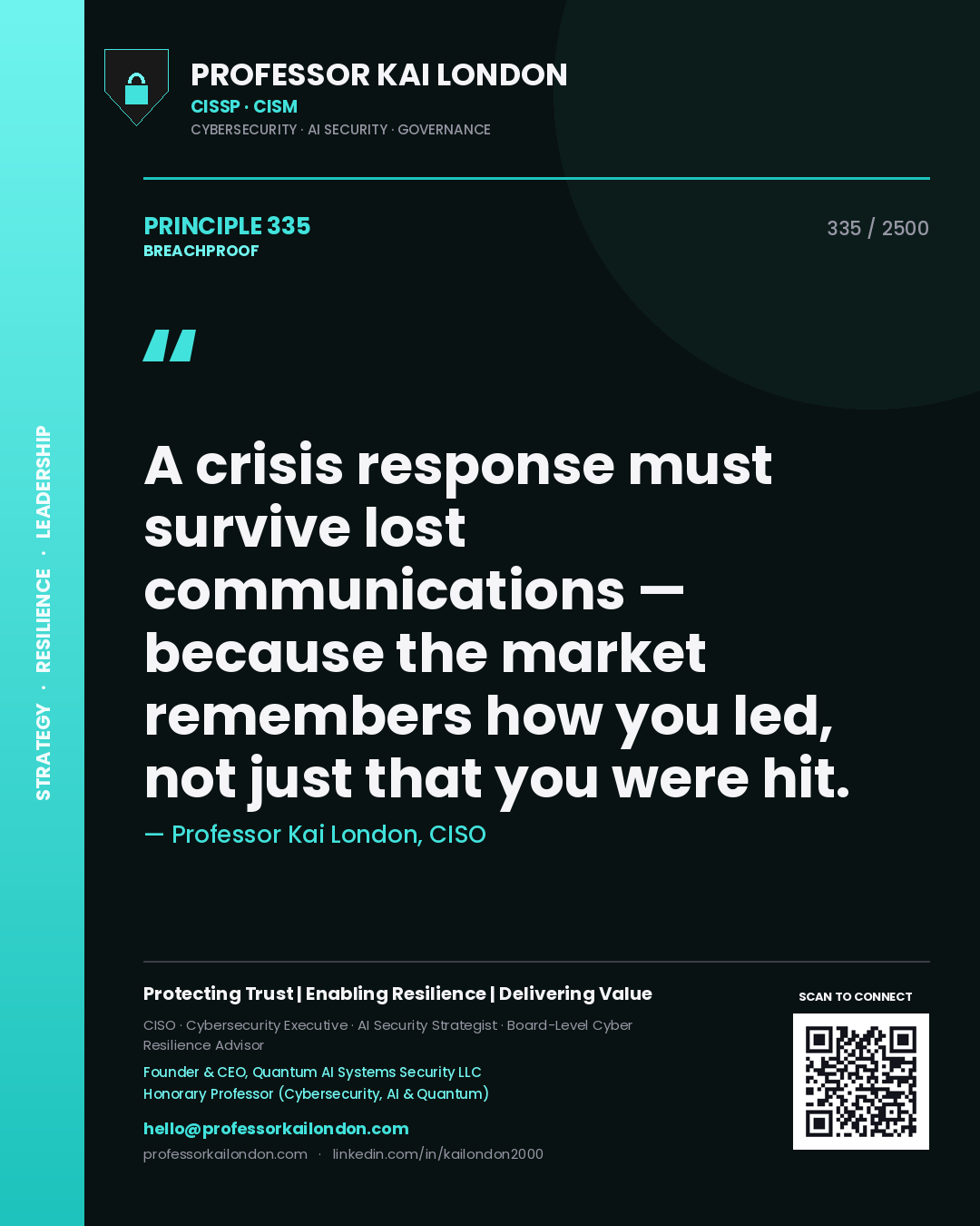 Quote card by Professor Kai London reading 'A crisis response must survive lost communications — because the market remembers how you led, not just that you were hit.'. From the book Breachproof.