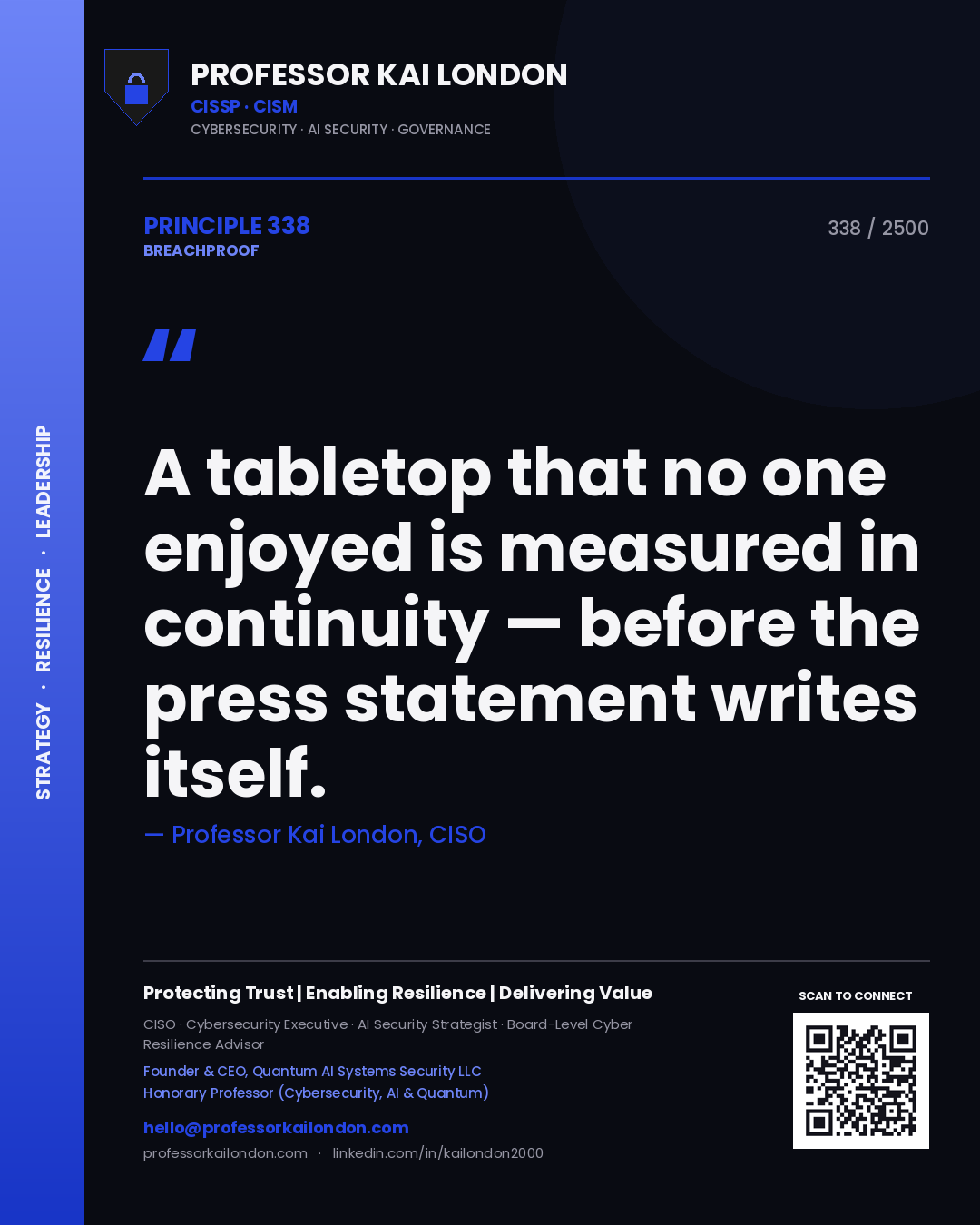Quote card by Professor Kai London reading 'A tabletop that no one enjoyed is measured in continuity — before the press statement writes itself.'. From the book Breachproof.