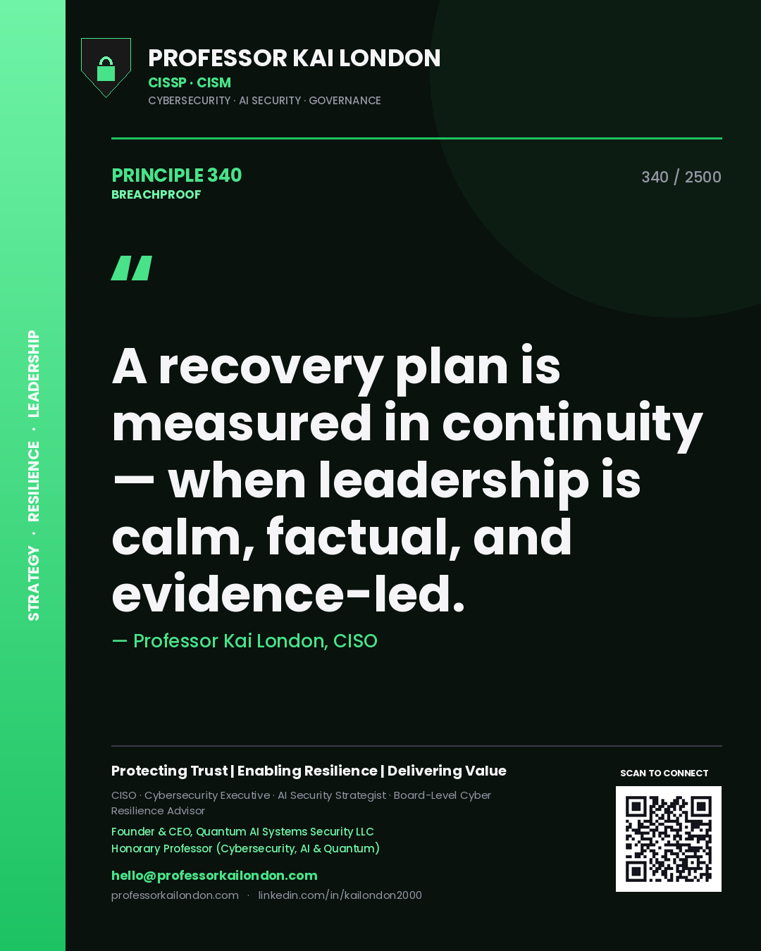 Quote card by Professor Kai London reading 'A recovery plan is measured in continuity — when leadership is calm, factual, and evidence-led.'. From the book Breachproof.