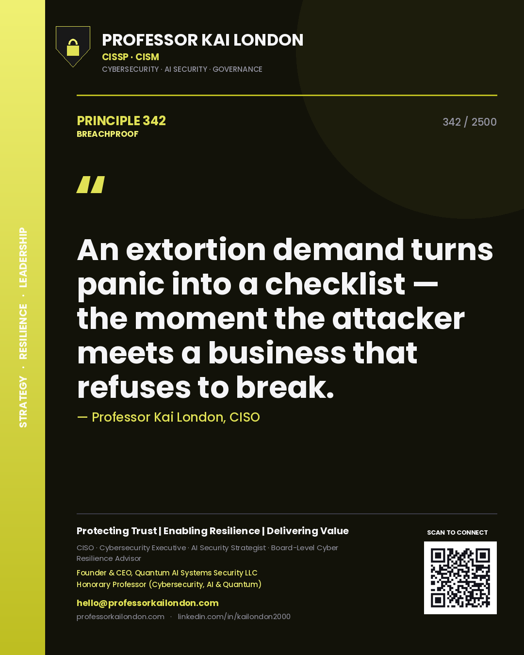Professor Kai London principle 342: An extortion demand turns panic into a checklist — the moment the attacker meets a business that refuses to break.