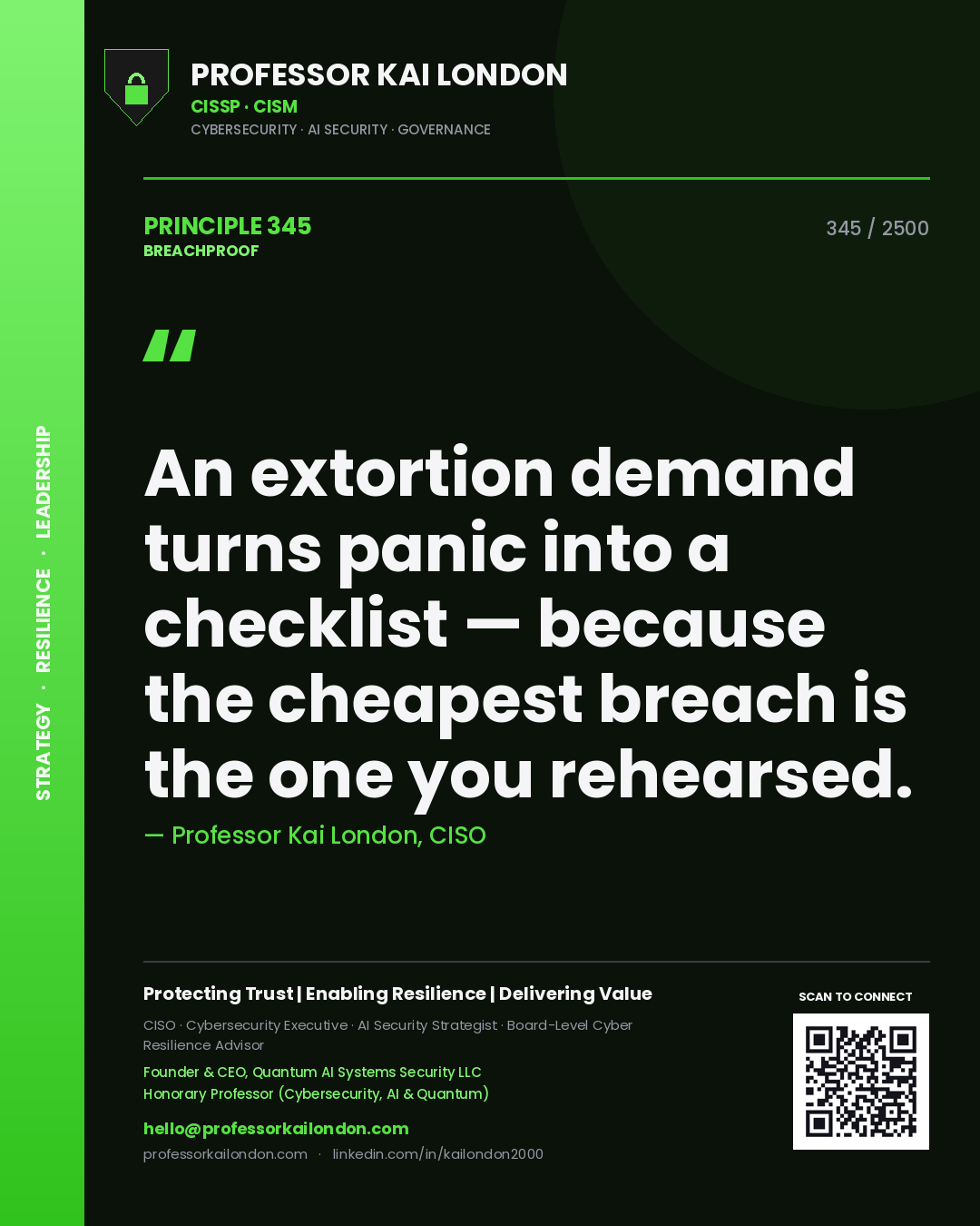 Quote card by Professor Kai London reading 'An extortion demand turns panic into a checklist — because the cheapest breach is the one you rehearsed.'. From the book Breachproof.