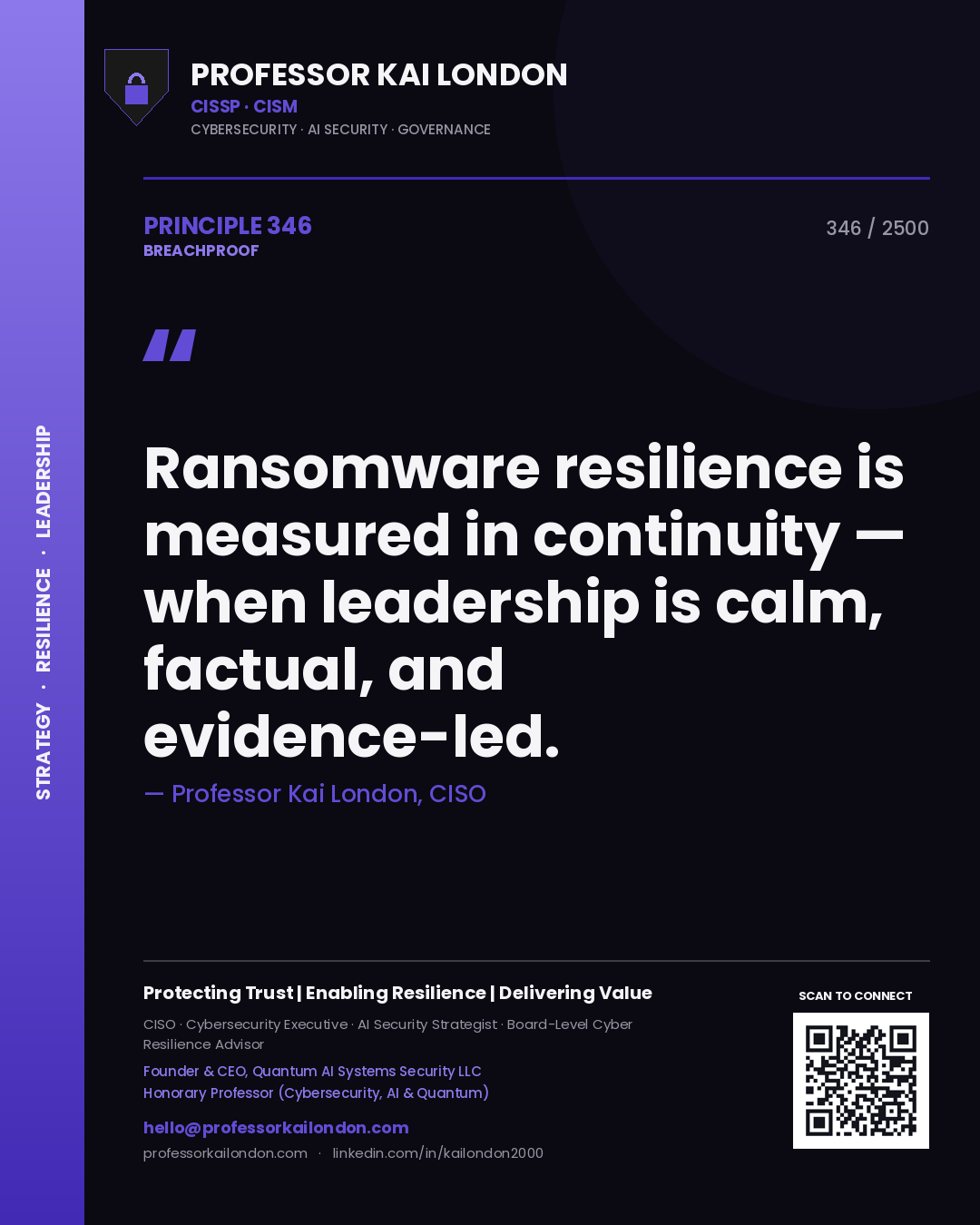 Quote card by Professor Kai London reading 'Ransomware resilience is measured in continuity — when leadership is calm, factual, and evidence-led.'. From the book Breachproof.
