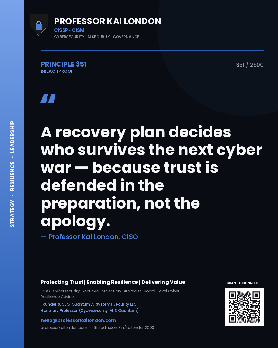 Professor Kai London principle 351: A recovery plan decides who survives the next cyber war — because trust is defended in the preparation, not the apology.