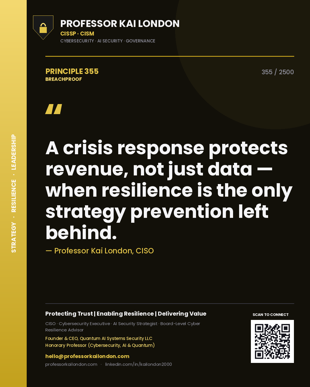 Quote card by Professor Kai London reading 'A crisis response protects revenue, not just data — when resilience is the only strategy prevention left behind.'. From the book Breachproof.