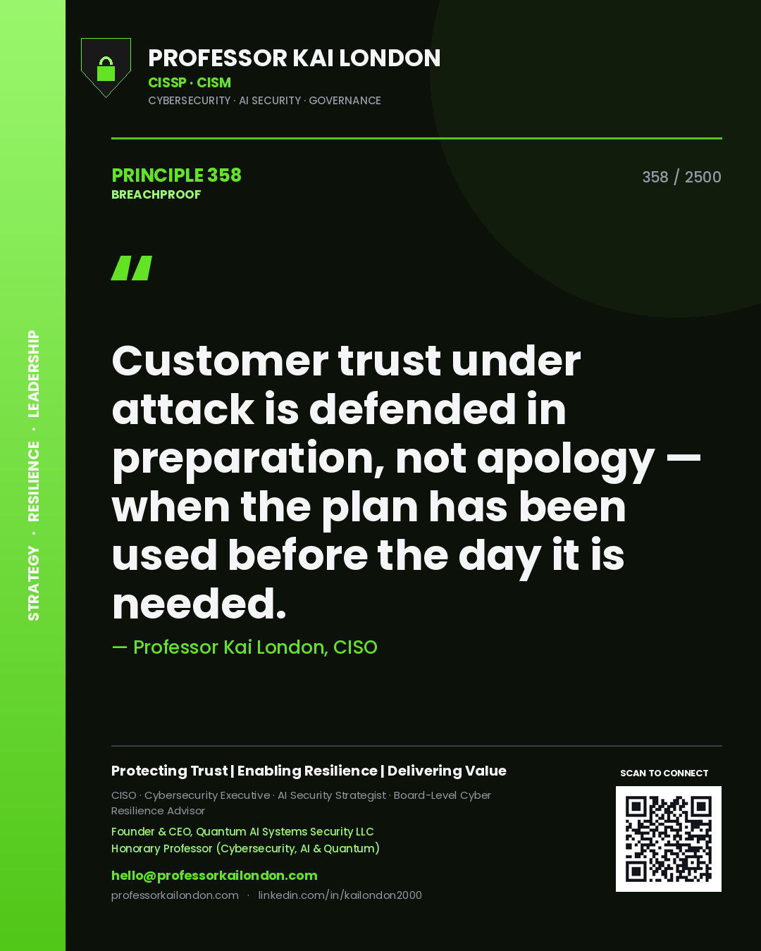 Quote card by Professor Kai London reading 'Customer trust under attack is defended in preparation, not apology — when the plan has been used before the day it is needed.'. From the book Breachproof.