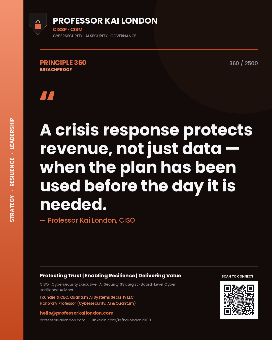 Quote card by Professor Kai London reading 'A crisis response protects revenue, not just data — when the plan has been used before the day it is needed.'. From the book Breachproof.