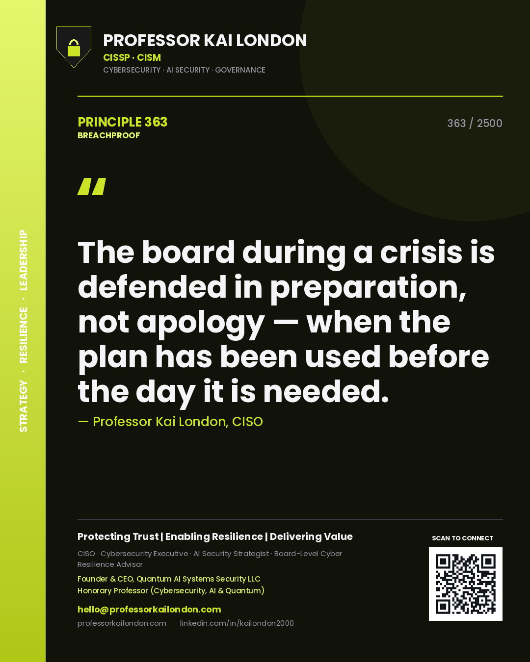 Professor Kai London principle 363: The board during a crisis is defended in preparation, not apology — when the plan has been used before the day it is needed.