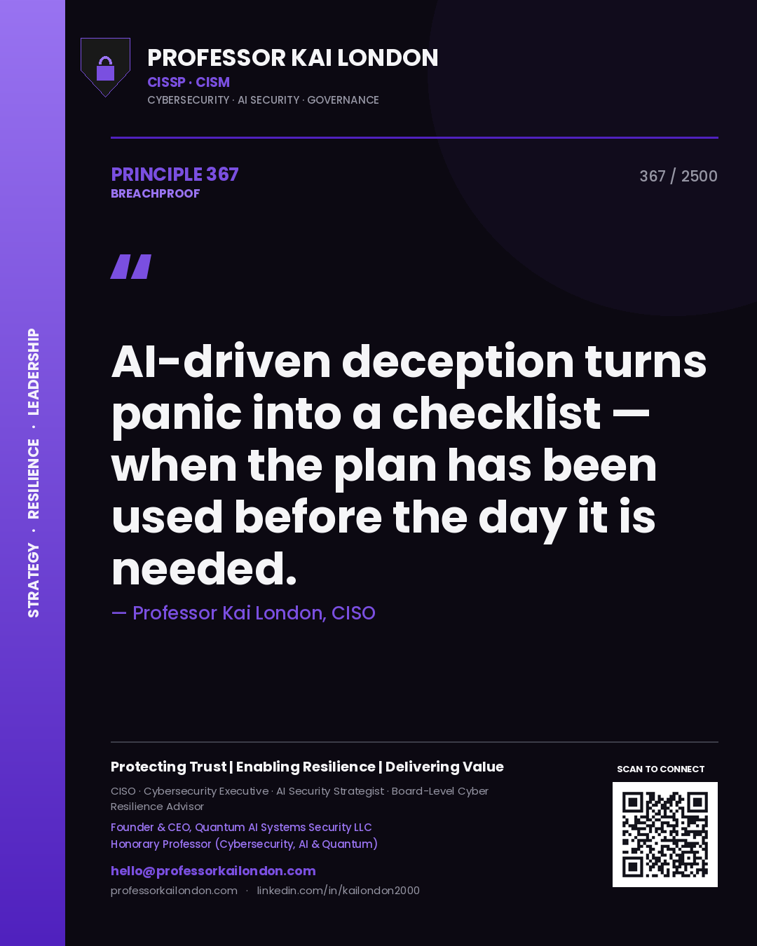 Quote card by Professor Kai London reading 'AI-driven deception turns panic into a checklist — when the plan has been used before the day it is needed.'. From the book Breachproof.