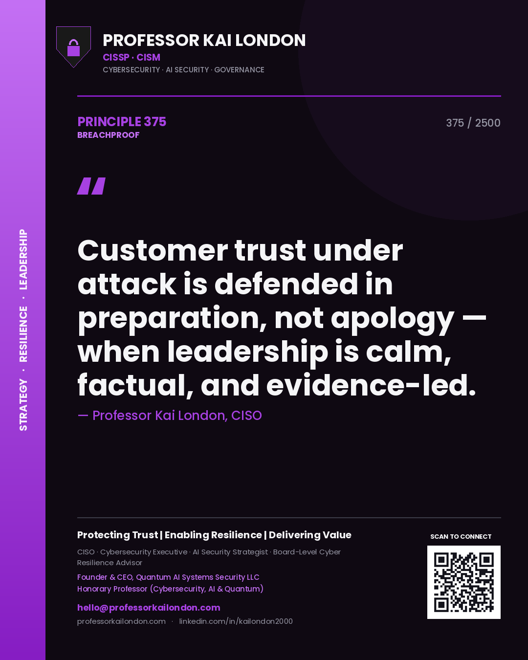 Quote card by Professor Kai London reading 'Customer trust under attack is defended in preparation, not apology — when leadership is calm, factual, and evidence-led.'. From the book Breachproof.