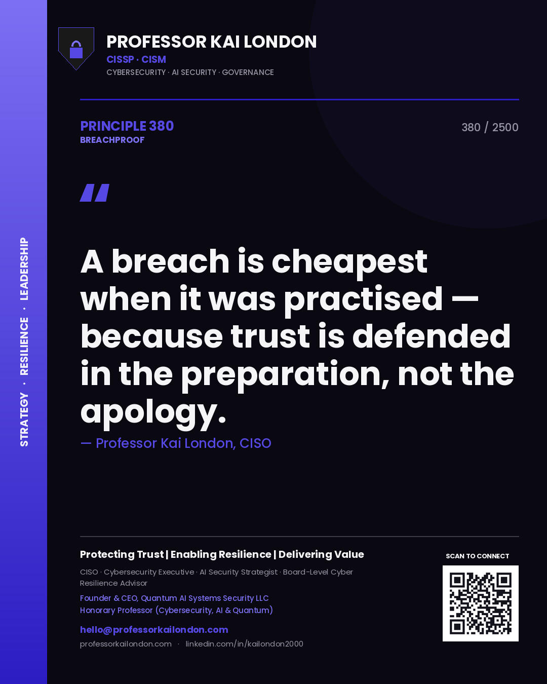 Quote card by Professor Kai London reading 'A breach is cheapest when it was practised — because trust is defended in the preparation, not the apology.'. From the book Breachproof.