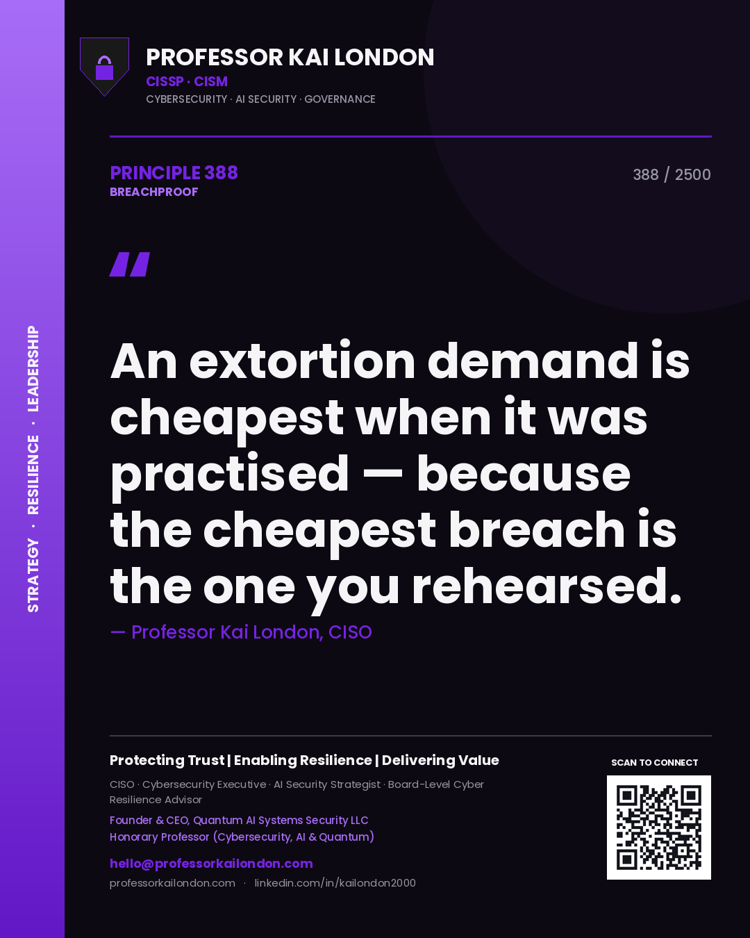 Quote card by Professor Kai London reading 'An extortion demand is cheapest when it was practised — because the cheapest breach is the one you rehearsed.'. From the book Breachproof.