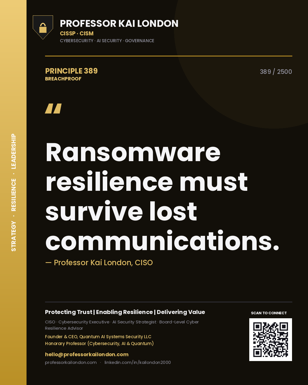Quote card by Professor Kai London reading 'Ransomware resilience must survive lost communications.'. From the book Breachproof.