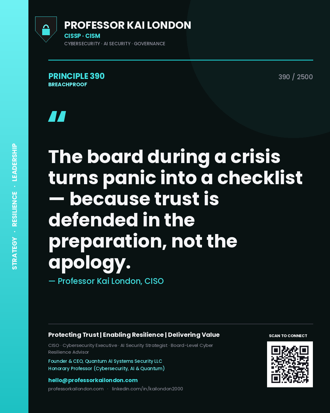 Professor Kai London principle 390: The board during a crisis turns panic into a checklist — because trust is defended in the preparation, not the apology.