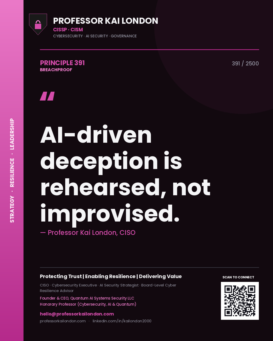 Quote card by Professor Kai London reading 'AI-driven deception is rehearsed, not improvised.'. From the book Breachproof.