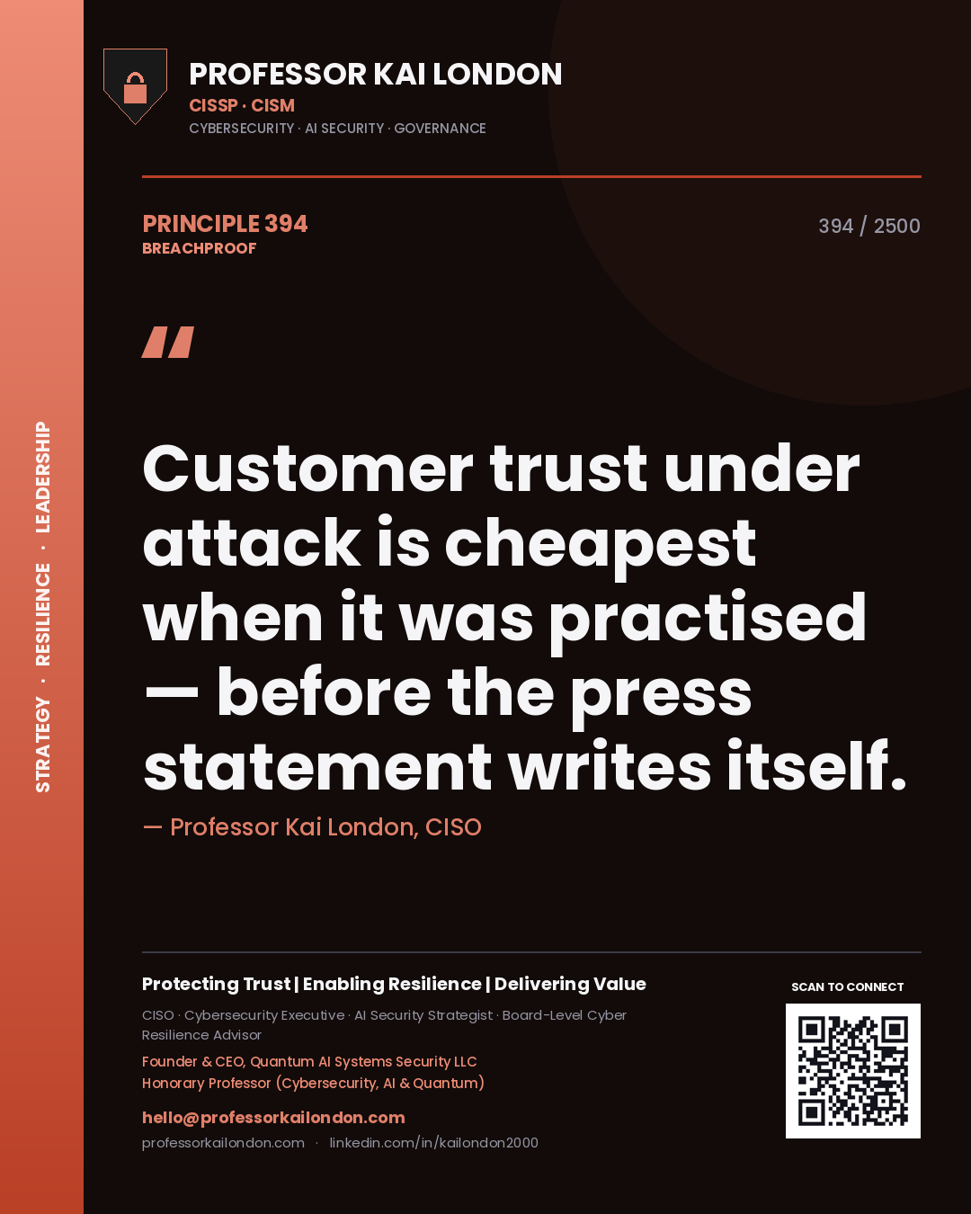 Professor Kai London principle 394: Customer trust under attack is cheapest when it was practised — before the press statement writes itself.