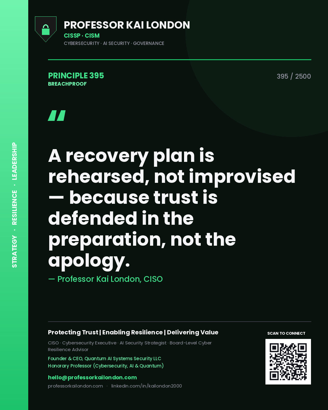 Quote card by Professor Kai London reading 'A recovery plan is rehearsed, not improvised — because trust is defended in the preparation, not the apology.'. From the book Breachproof.