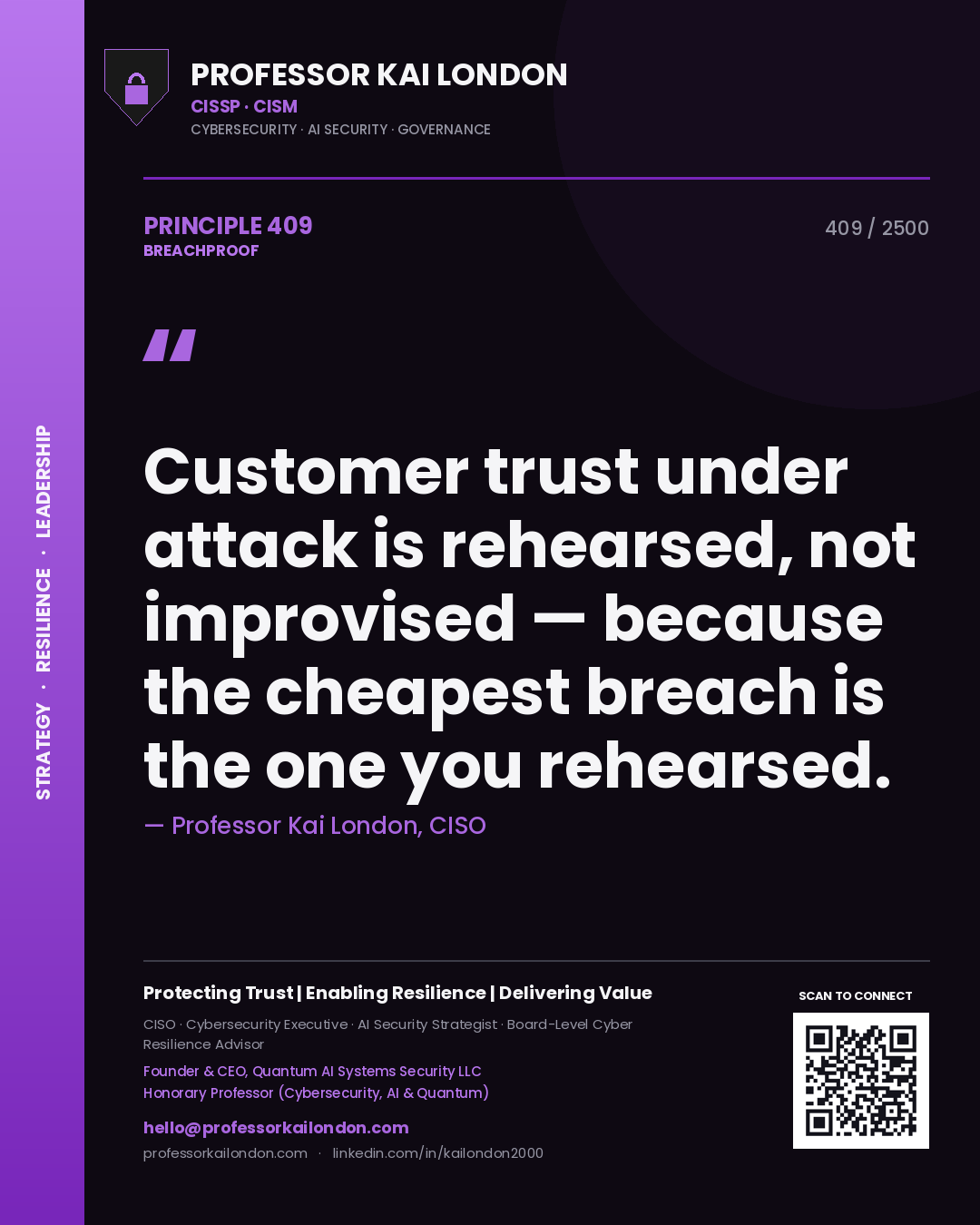 Quote card by Professor Kai London reading 'Customer trust under attack is rehearsed, not improvised — because the cheapest breach is the one you rehearsed.'. From the book Breachproof.