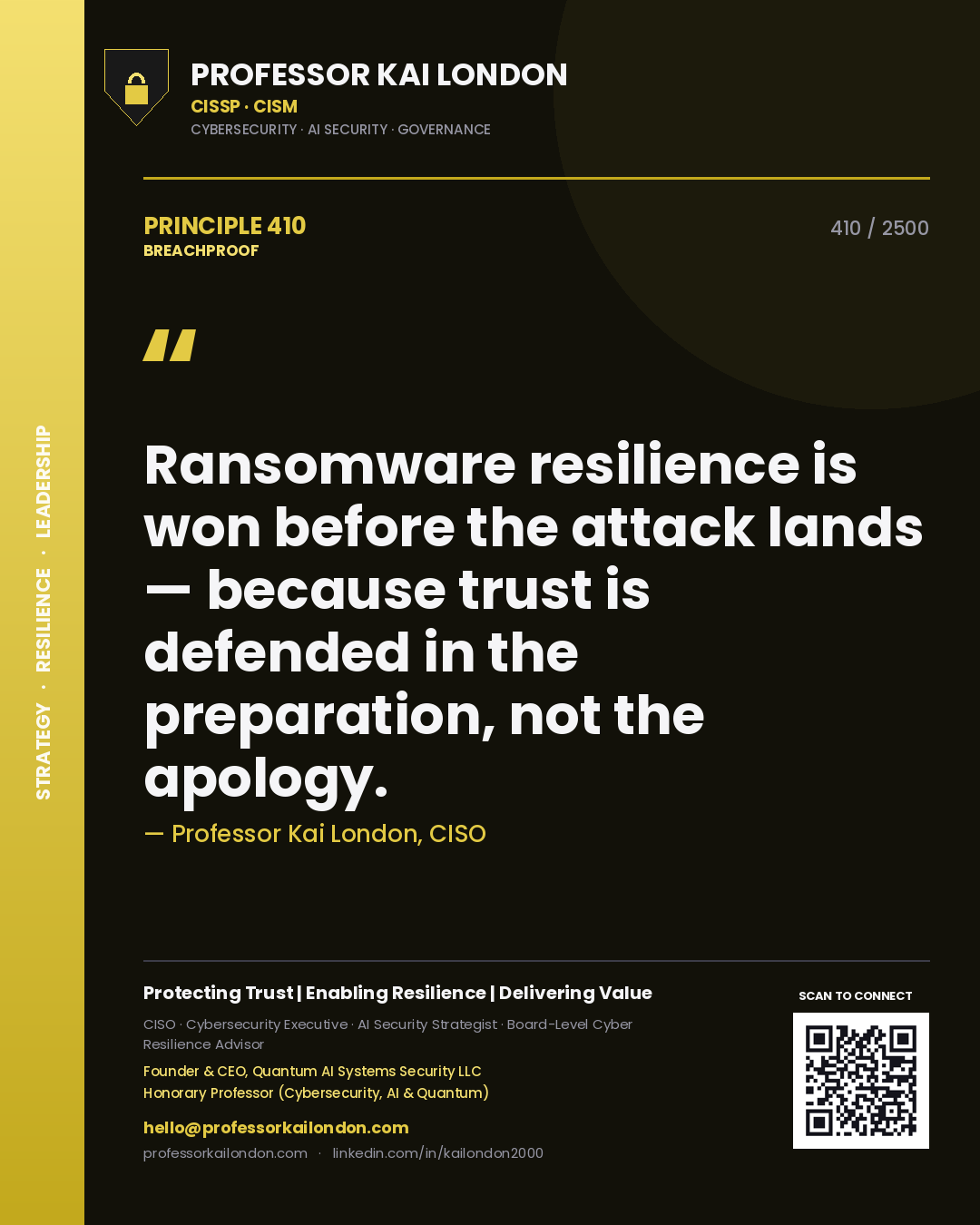 Quote card by Professor Kai London reading 'Ransomware resilience is won before the attack lands — because trust is defended in the preparation, not the apology.'. From the book Breachproof.
