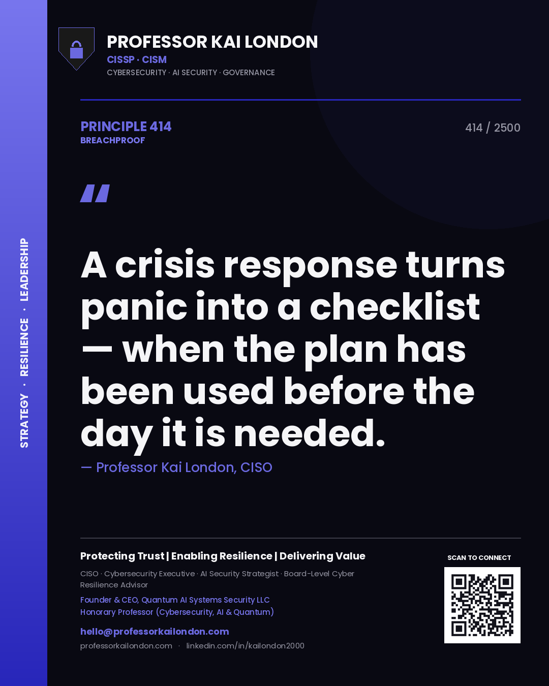 Quote card by Professor Kai London reading 'A crisis response turns panic into a checklist — when the plan has been used before the day it is needed.'. From the book Breachproof.