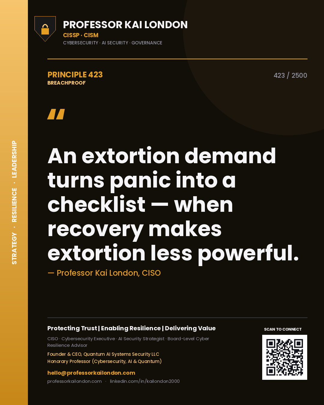 Quote card by Professor Kai London reading 'An extortion demand turns panic into a checklist — when recovery makes extortion less powerful.'. From the book Breachproof.