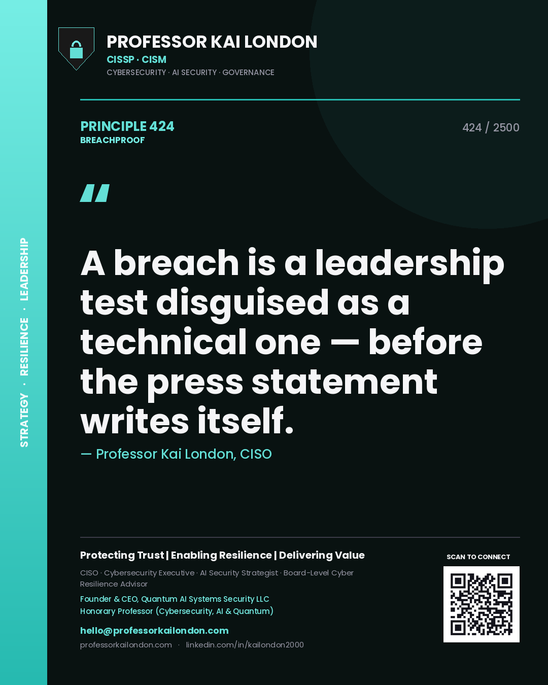 Quote card by Professor Kai London reading 'A breach is a leadership test disguised as a technical one — before the press statement writes itself.'. From the book Breachproof.