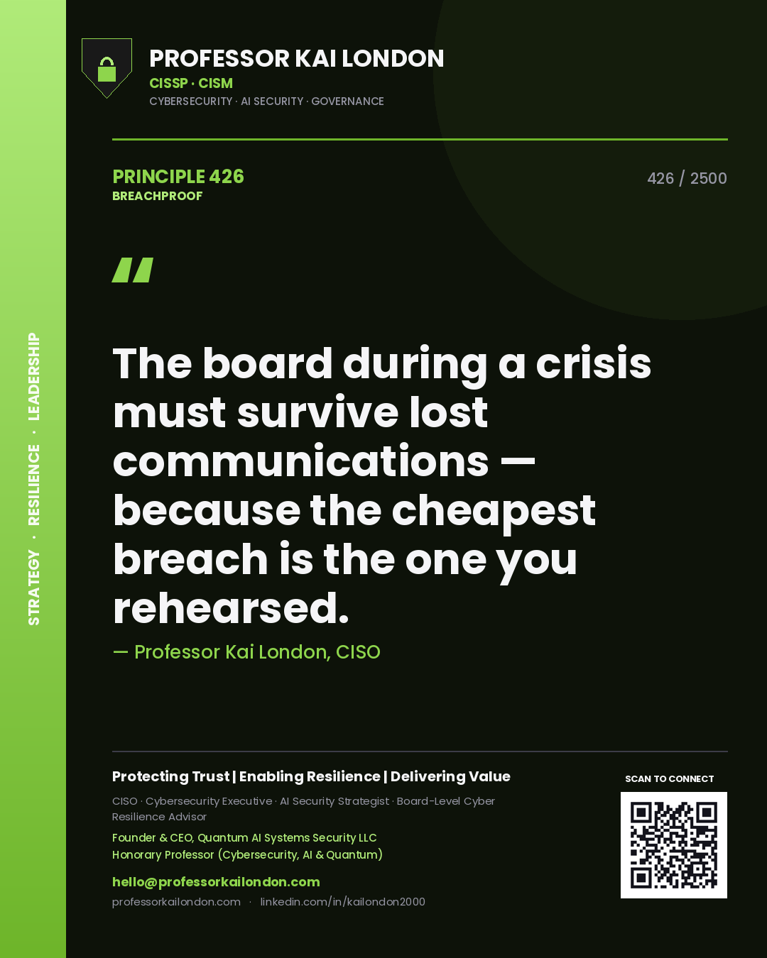 Quote card by Professor Kai London reading 'The board during a crisis must survive lost communications — because the cheapest breach is the one you rehearsed.'. From the book Breachproof.