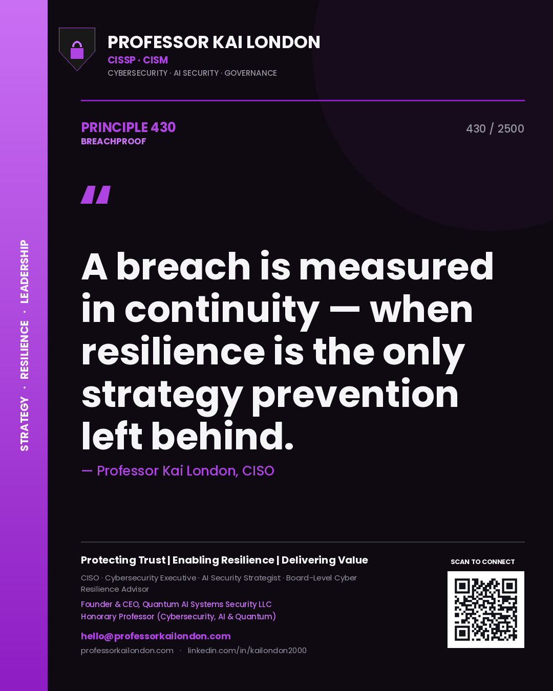 Quote card by Professor Kai London reading 'A breach is measured in continuity — when resilience is the only strategy prevention left behind.'. From the book Breachproof.