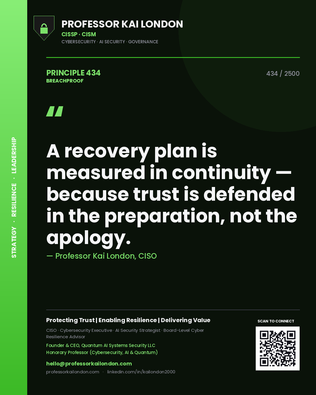 Quote card by Professor Kai London reading 'A recovery plan is measured in continuity — because trust is defended in the preparation, not the apology.'. From the book Breachproof.