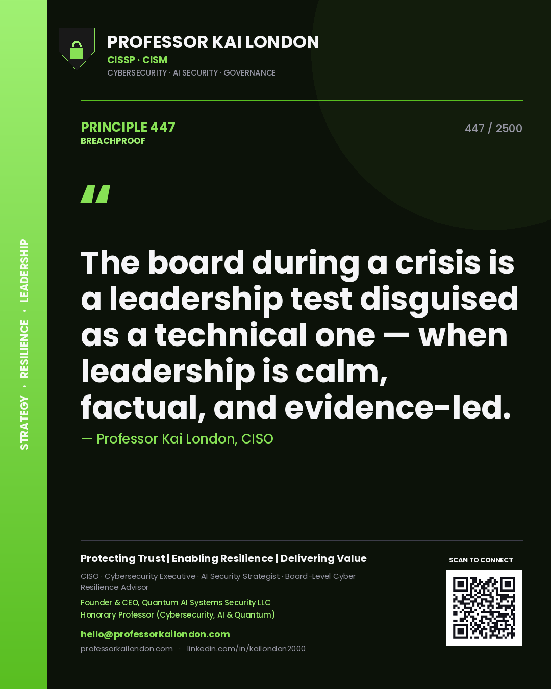 Quote card by Professor Kai London reading 'The board during a crisis is a leadership test disguised as a technical one — when leadership is calm, factual, and evidence-led.'. From the book Breachproof.