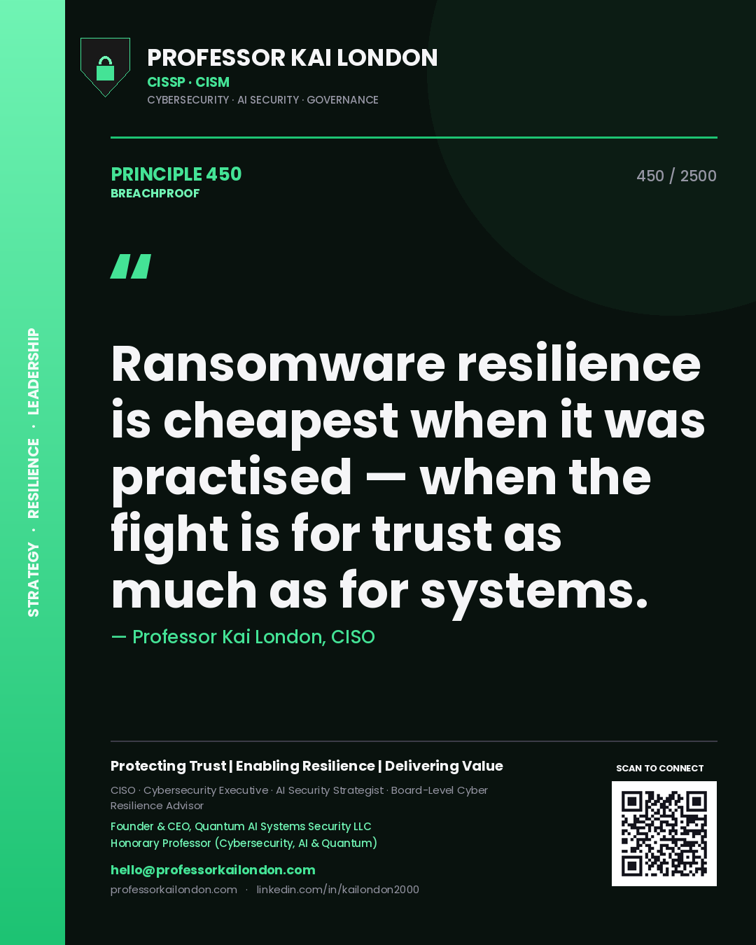 Quote card by Professor Kai London reading 'Ransomware resilience is cheapest when it was practised — when the fight is for trust as much as for systems.'. From the book Breachproof.