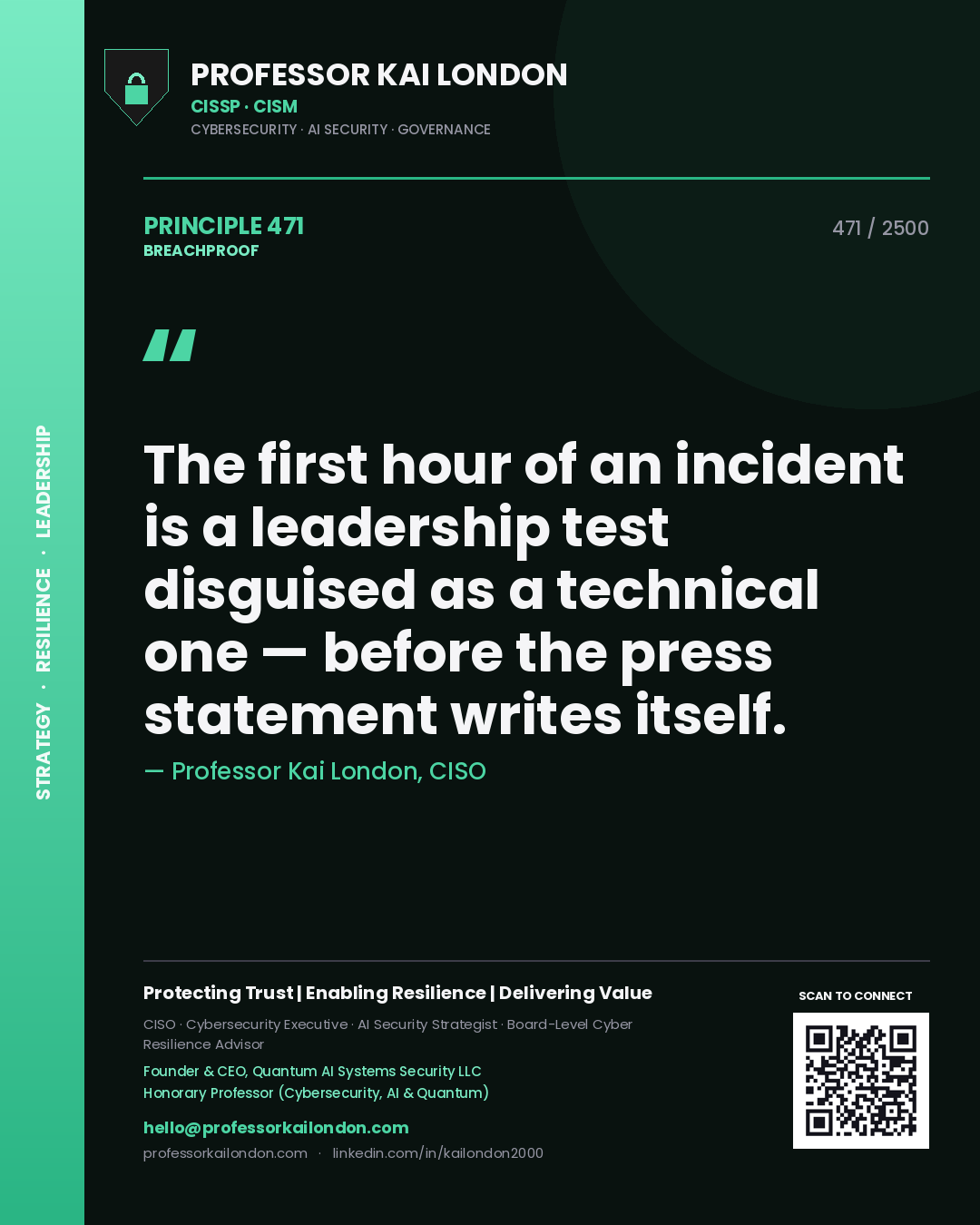Quote card by Professor Kai London reading 'The first hour of an incident is a leadership test disguised as a technical one — before the press statement writes itself.'. From the book Breachproof.