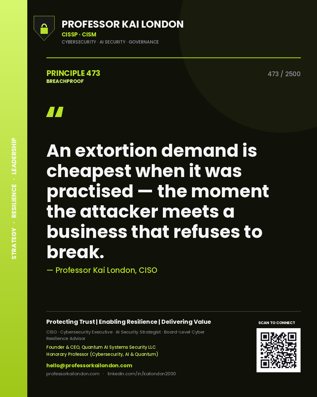 Quote card by Professor Kai London reading 'An extortion demand is cheapest when it was practised — the moment the attacker meets a business that refuses to break.'. From the book Breachproof.