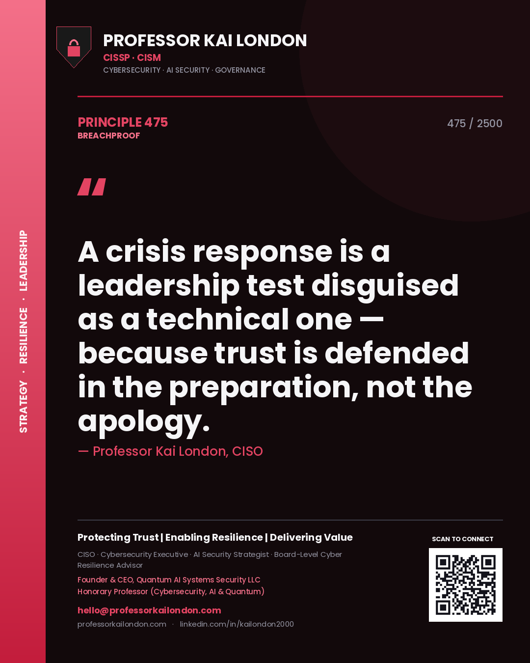 Quote card by Professor Kai London reading 'A crisis response is a leadership test disguised as a technical one — because trust is defended in the preparation, not the apology.'. From the book Breachproof.