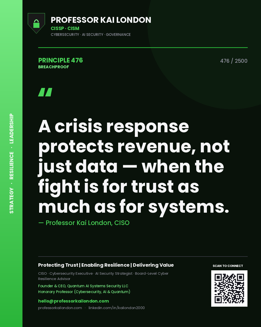 Quote card by Professor Kai London reading 'A crisis response protects revenue, not just data — when the fight is for trust as much as for systems.'. From the book Breachproof.