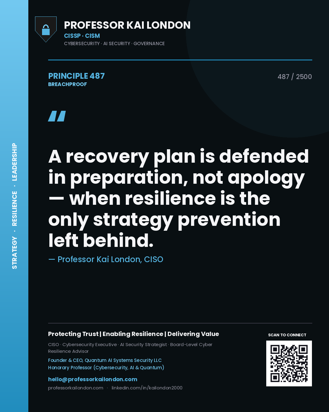 Quote card by Professor Kai London reading 'A recovery plan is defended in preparation, not apology — when resilience is the only strategy prevention left behind.'. From the book Breachproof.