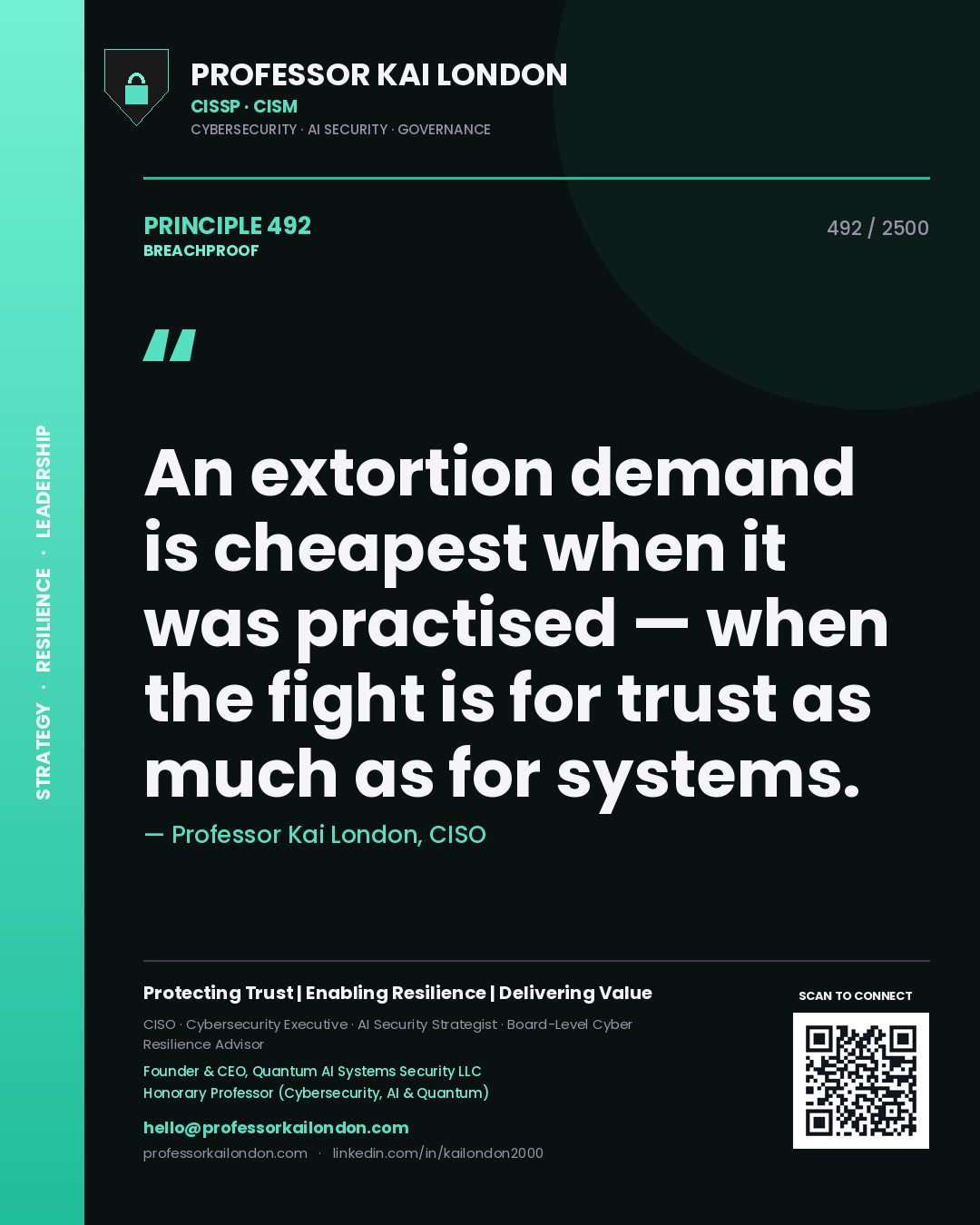 Quote card by Professor Kai London reading 'An extortion demand is cheapest when it was practised — when the fight is for trust as much as for systems.'. From the book Breachproof.