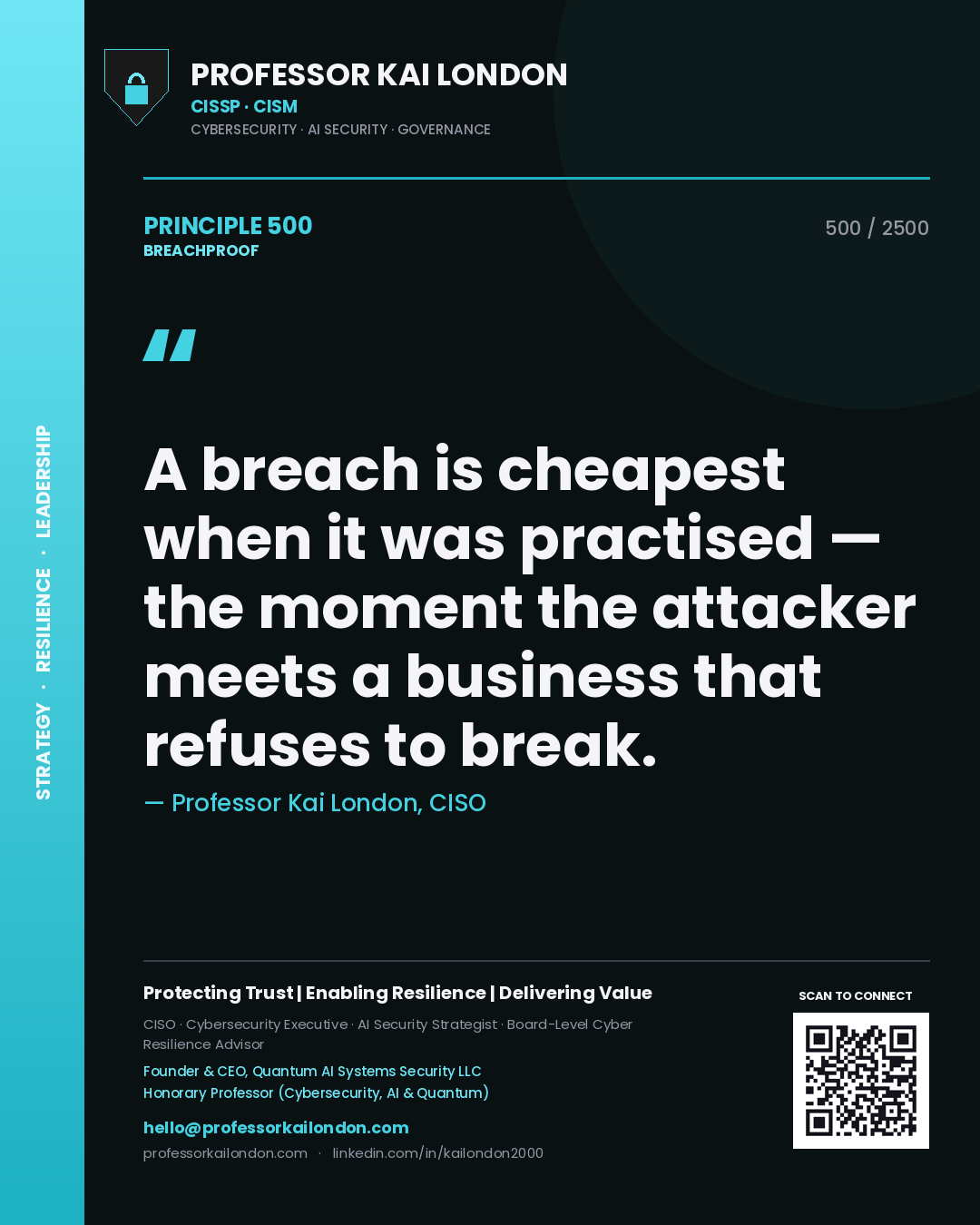 Quote card by Professor Kai London reading 'A breach is cheapest when it was practised — the moment the attacker meets a business that refuses to break.'. From the book Breachproof.