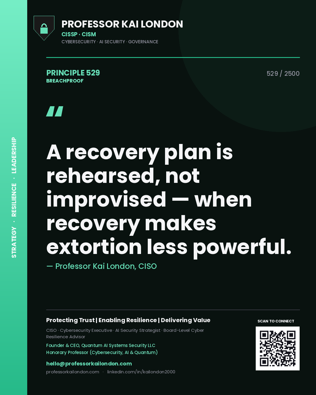 Professor Kai London principle 529: A recovery plan is rehearsed, not improvised — when recovery makes extortion less powerful.