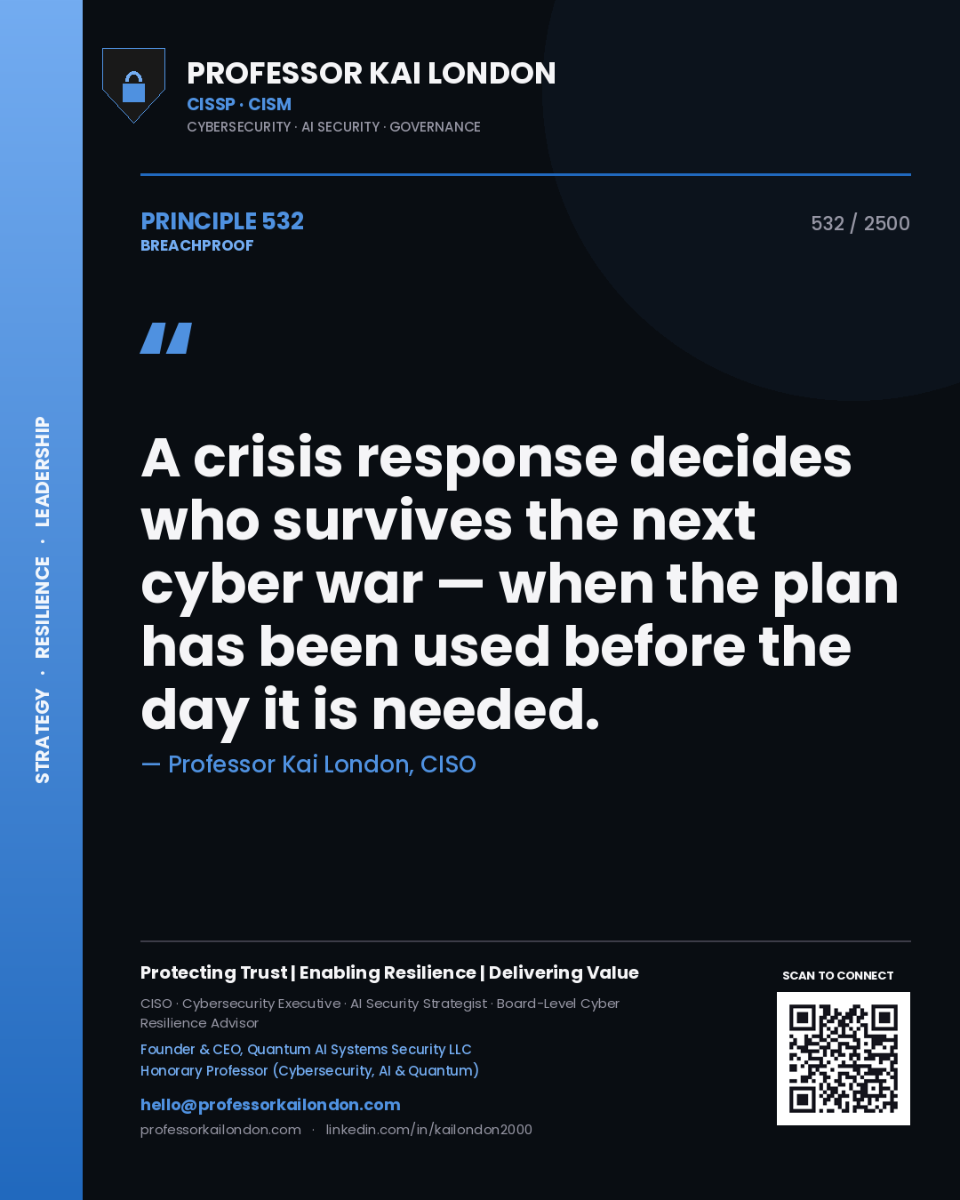 Professor Kai London principle 532: A crisis response decides who survives the next cyber war — when the plan has been used before the day it is needed.