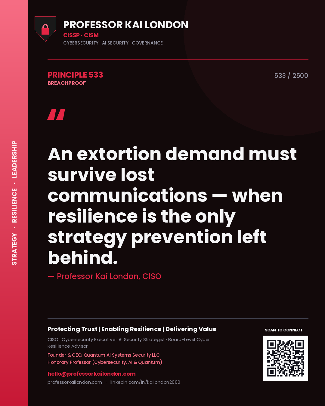Professor Kai London principle 533: An extortion demand must survive lost communications — when resilience is the only strategy prevention left behind.