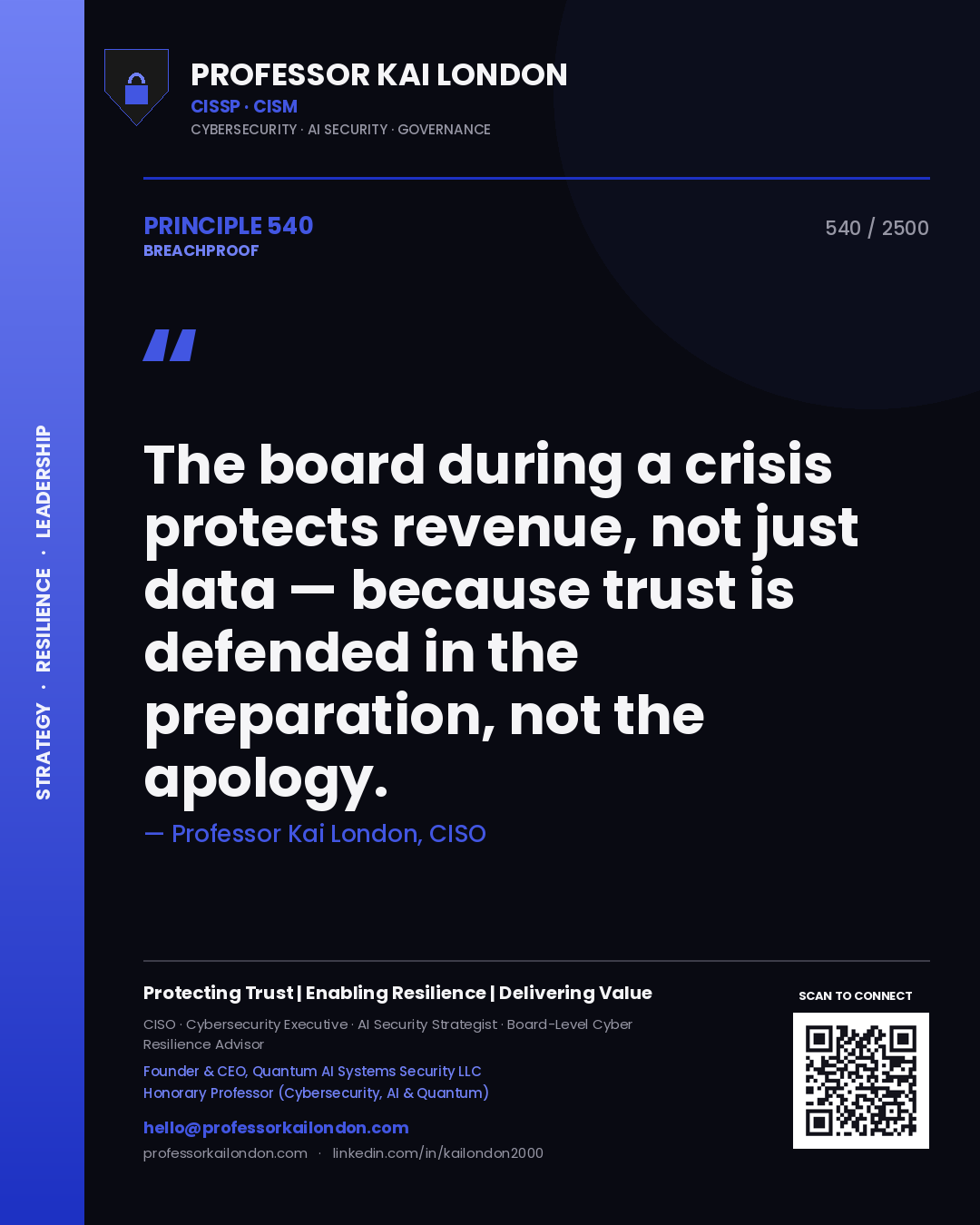 Professor Kai London principle 540: The board during a crisis protects revenue, not just data — because trust is defended in the preparation, not the apology.