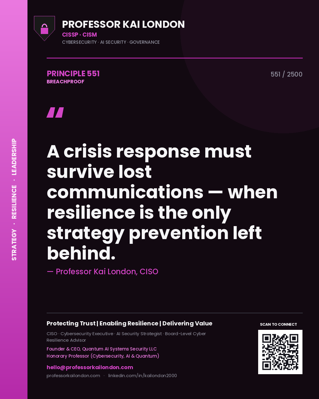 Professor Kai London principle 551: A crisis response must survive lost communications — when resilience is the only strategy prevention left behind.