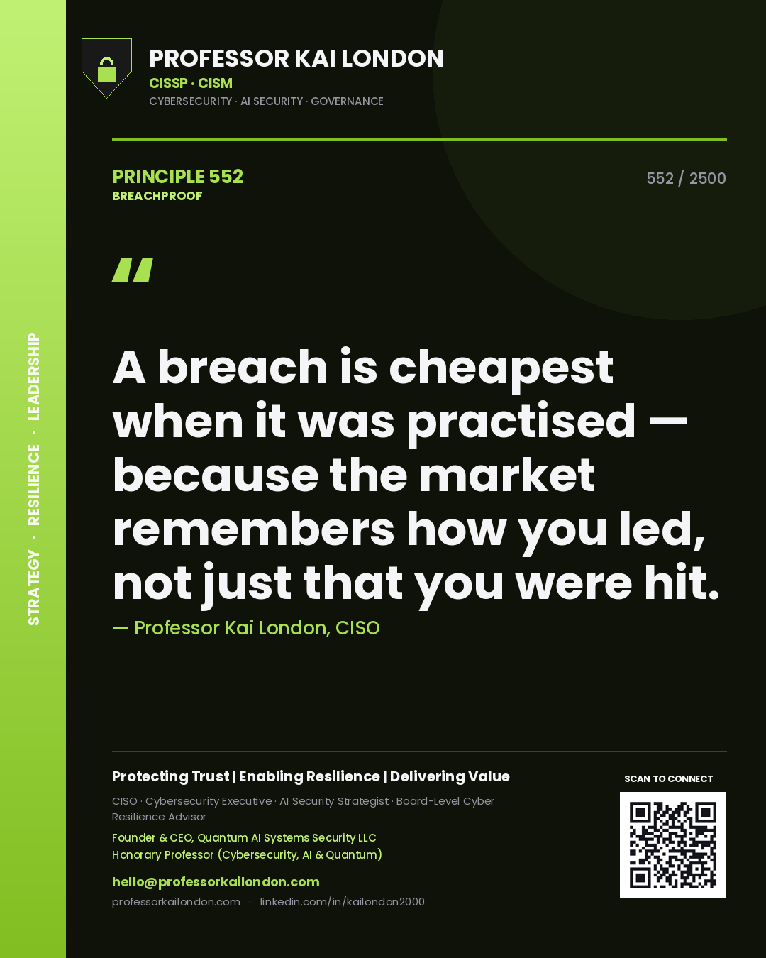 Quote card by Professor Kai London reading 'A breach is cheapest when it was practised — because the market remembers how you led, not just that you were hit.'. From the book Breachproof.
