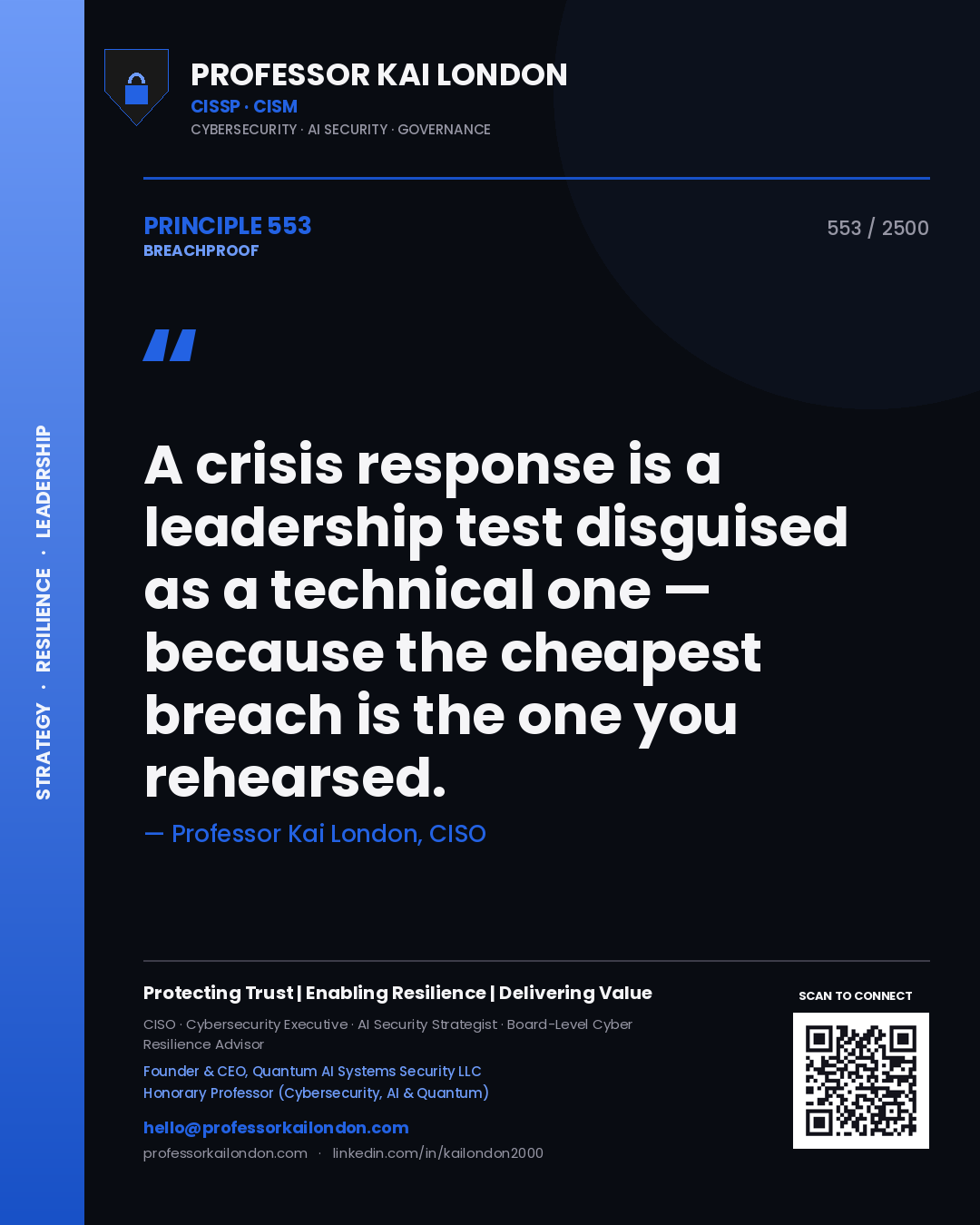 Professor Kai London principle 553: A crisis response is a leadership test disguised as a technical one — because the cheapest breach is the one you rehearsed.