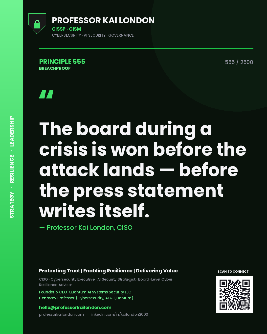 Professor Kai London principle 555: The board during a crisis is won before the attack lands — before the press statement writes itself.
