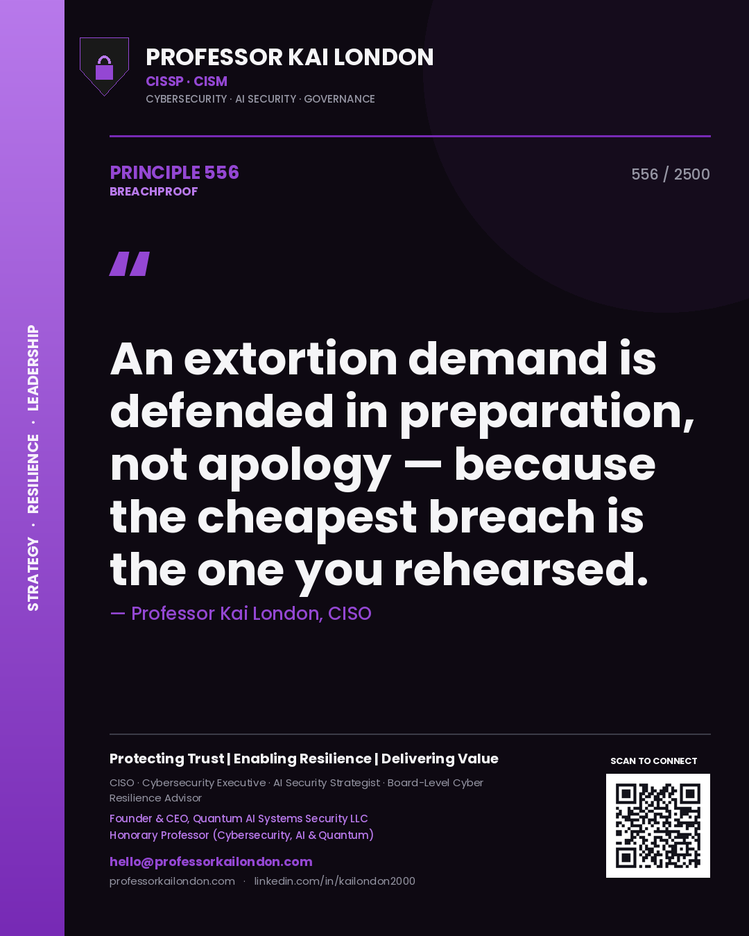 Professor Kai London principle 556: An extortion demand is defended in preparation, not apology — because the cheapest breach is the one you rehearsed.