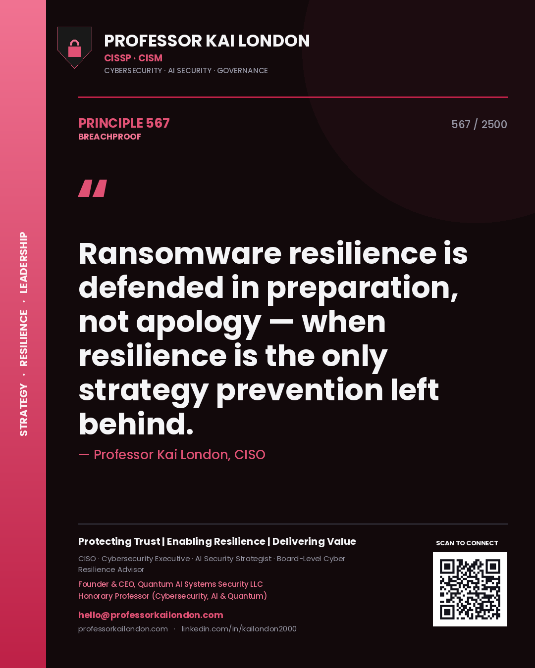 Professor Kai London principle 567: Ransomware resilience is defended in preparation, not apology — when resilience is the only strategy prevention left behind.